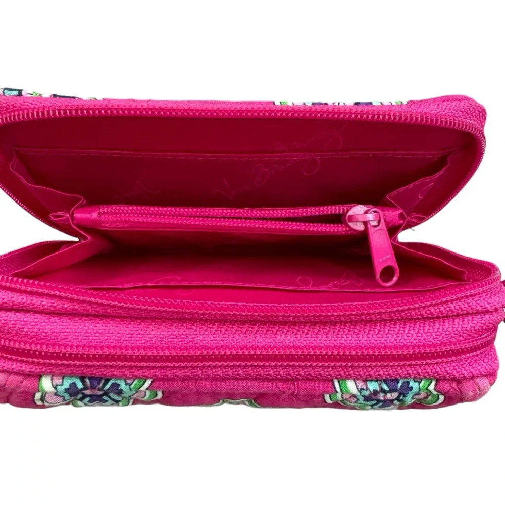 Vera Bradley Pink Swirls Flowers Quilted Compact Crossbody Wristlet/Wallet/Purse